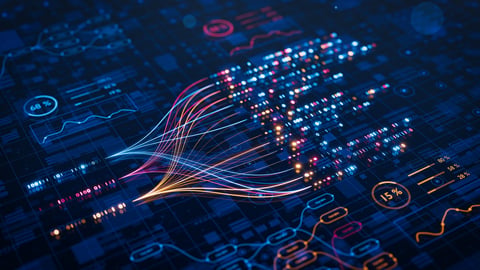 AI powers big data analysis and automation workflows, showcasing neural networks and data streams