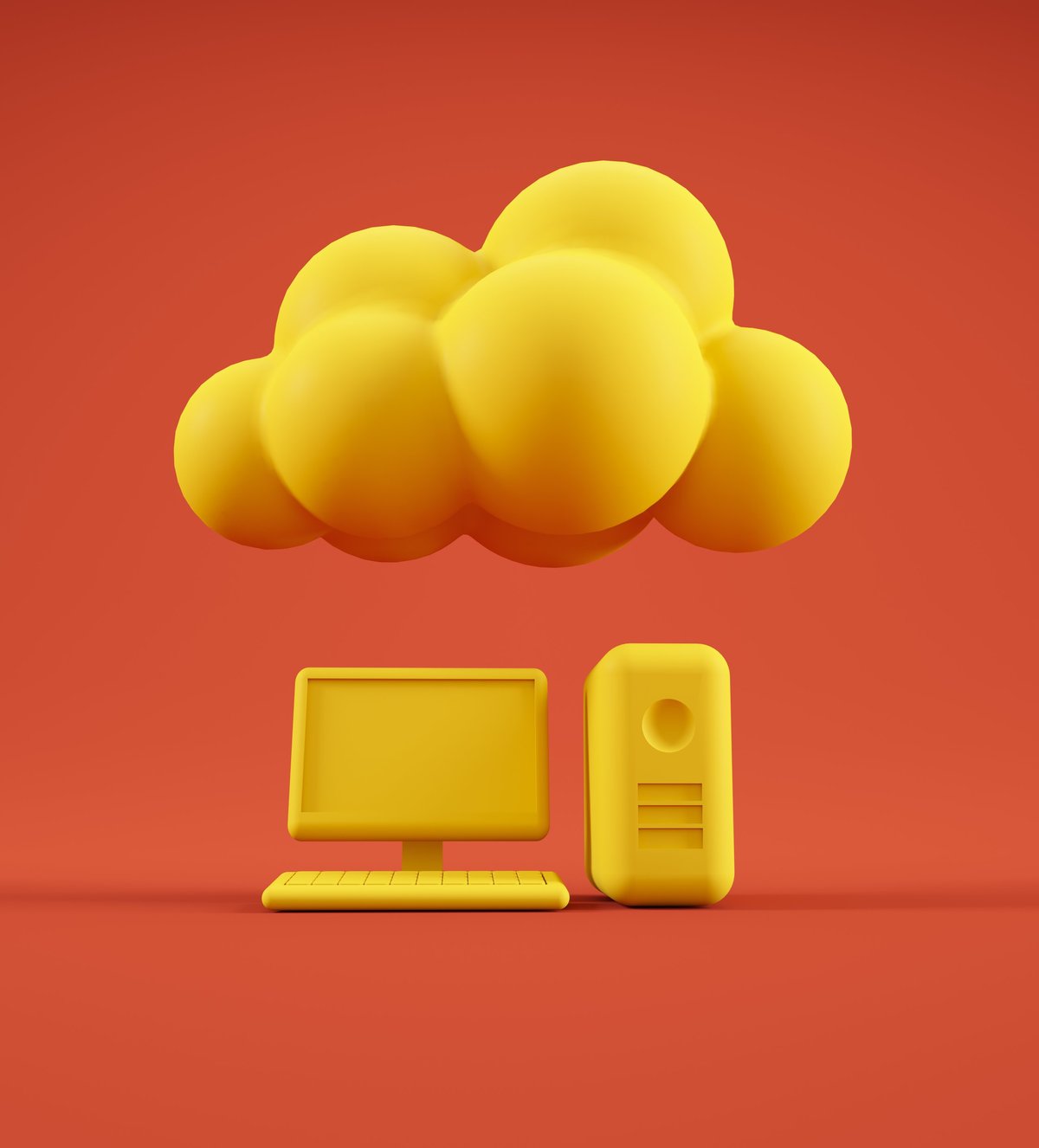 A vibrant yellow cloud hovers above a computer and server, set against a bold purple background. This modern scene symbolizes innovation and technology in a playful way.