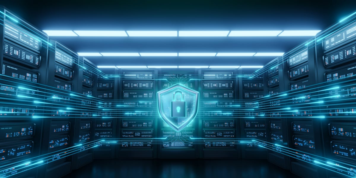 Cybersecurity shield icon padlock data center server racks. Digital network, glowing lines, secure data protection.