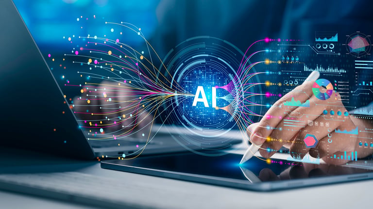 Data Science and Big Data Analytics concept. Analyst uses AI technology for Complex Data Analysis, Data mining, and Business analytics. Data flow,machine learning automation, and AI analytics system.