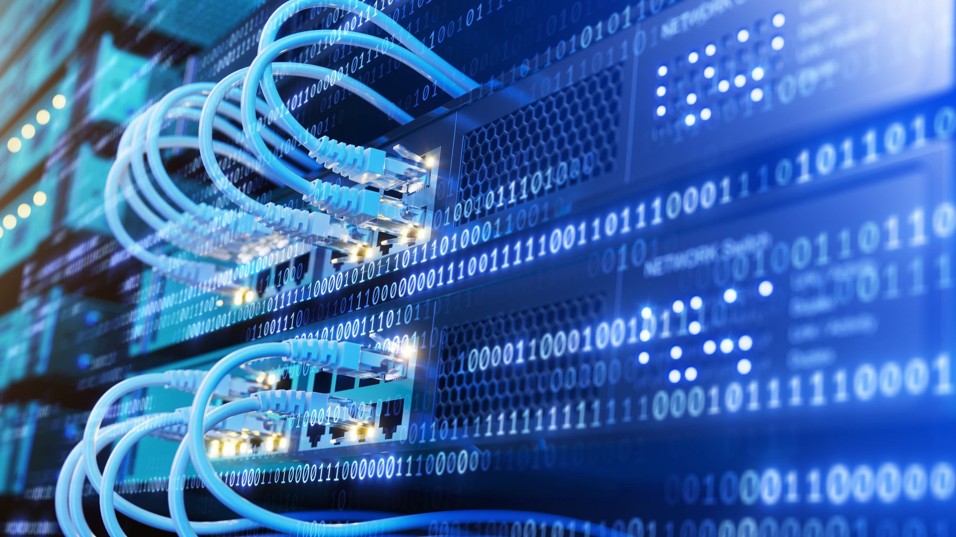 Digital code, Network switch and network cables in modern server room data center. 3d illustration