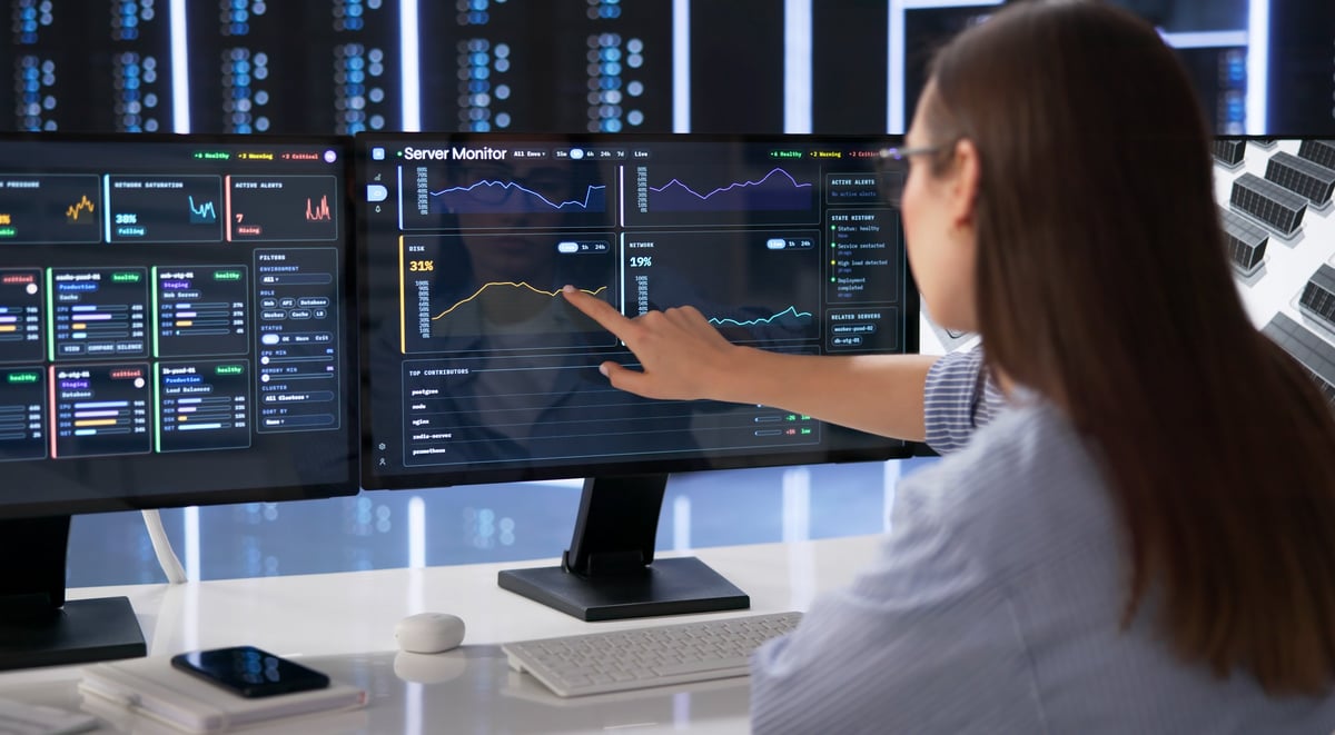 BT uzmanının birden çok ekranda gerçek zamanlı sistem performansını izlediği operasyon merkezi; izleme hizmeti için sürekli takip
