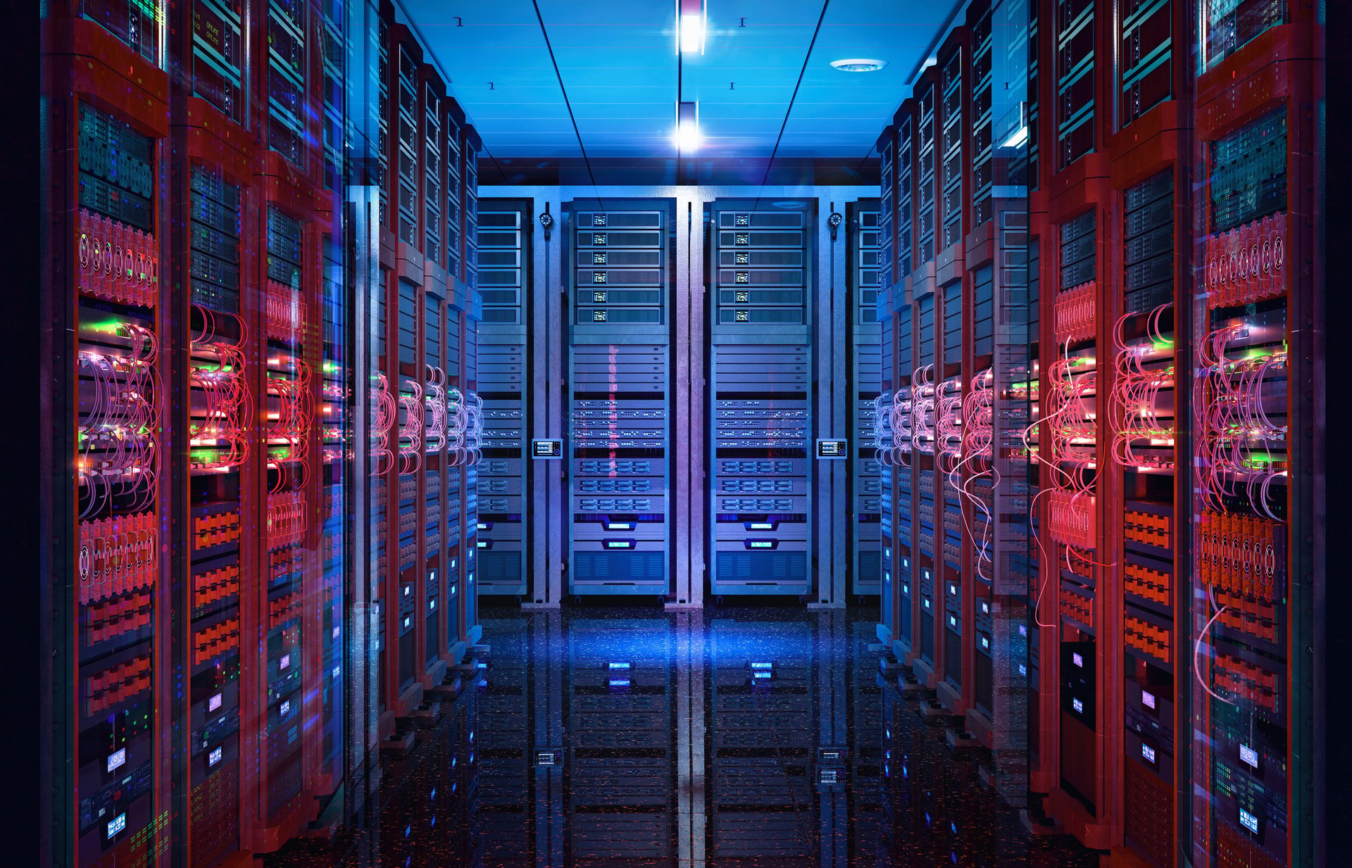 Data center server racks. IT modern hardware server room, data storage center, database information system. Hosting, it data backup, computing technology service, network security, cybersecurity, artificial intelligence supercomputers. For fintech, Saas platforms