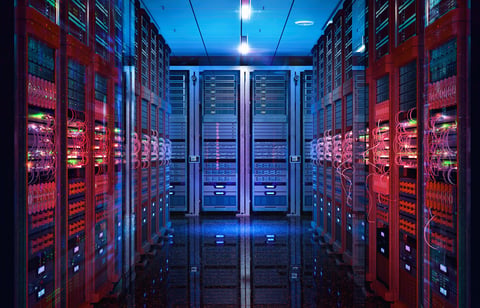 Data center server racks with modern IT hardware, data storage and network security