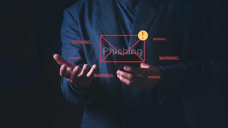 Businessman using smartphone with a phishing email and warning, Concept of cyber attack, identity theft, internet security alert, scam mail, and data protection from hackers.