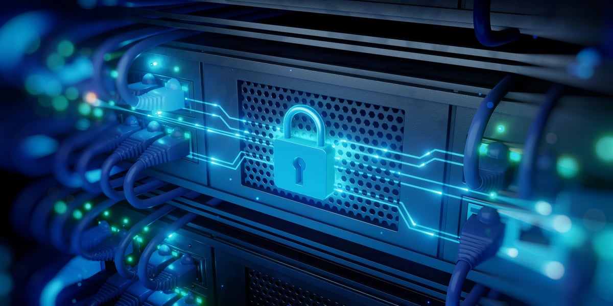Glowing lock appears on a server rack with connected cables and lines, illustrating network security, protected infrastructure, encryption, privacy, secure storage, access control, and cybersecurity.