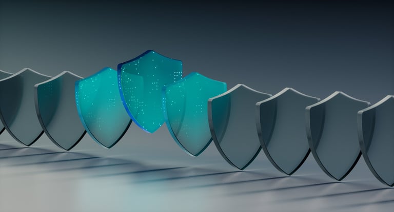 3D glassmorphic shield security icons with digital data in row on dark background.