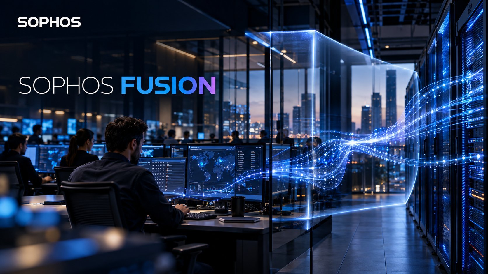 Sophos Fusion logo with security operations center staff monitoring digital data networks and cityscape