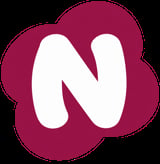 White letter N on a dark red rounded square background