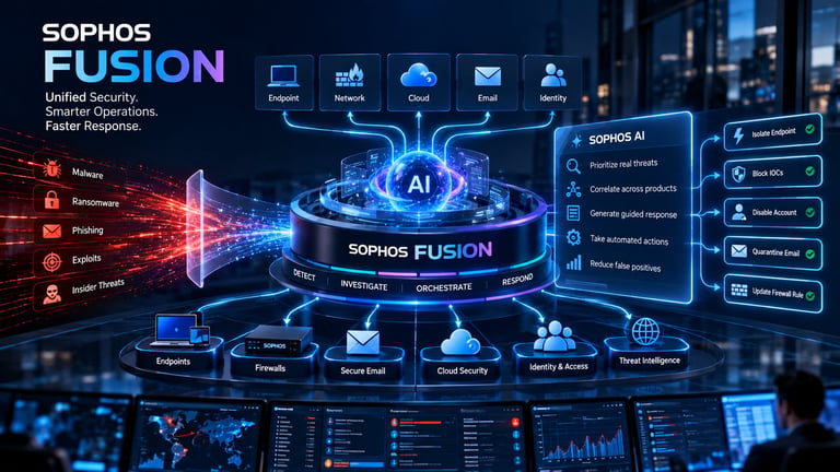 Sophos Fusion platform interface showing AI-powered security operations with interconnected icons and digital dashboard analytics on dark background