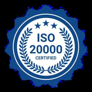 ISO 20000 Certified badge with blue seal, laurel wreath, and stars