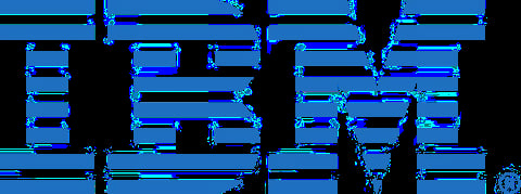 IBM logo in retro arcade-style pixel art with blue and neon graphics