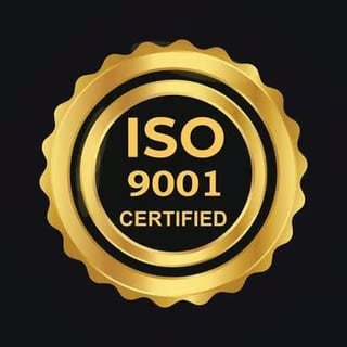 Gold ISO 9001 certified badge seal with scalloped edges on dark background