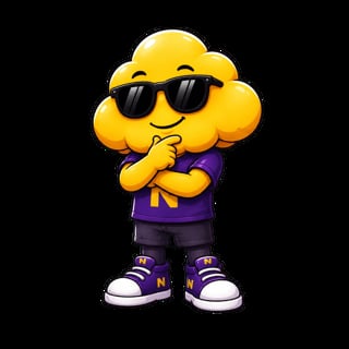 Cool yellow cloud character wearing sunglasses, purple shirt and sneakers, striking a confident pose with finger gun gesture