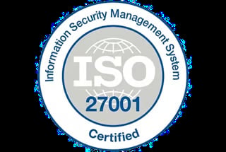 ISO 27001 Information Security Management System Certified badge with globe icon and blue circular design